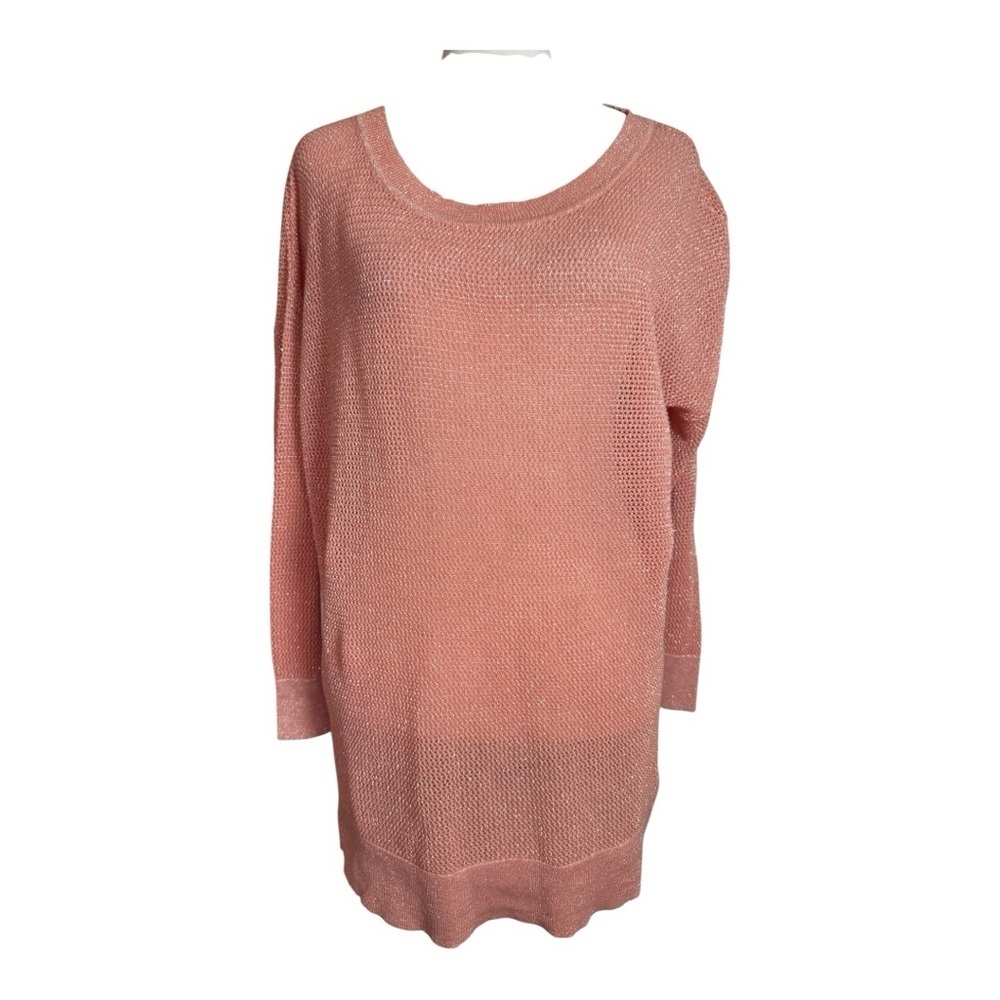 Tribal Pink Metallic Lurex Open Mesh Knit Tunic Sweater Large